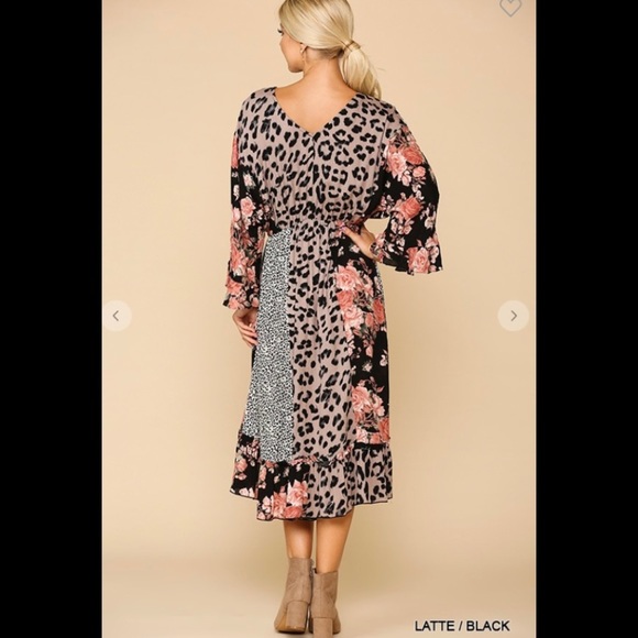 Leopard floral mixed print hi low dress with waist tie. - Picture 6 of 6
